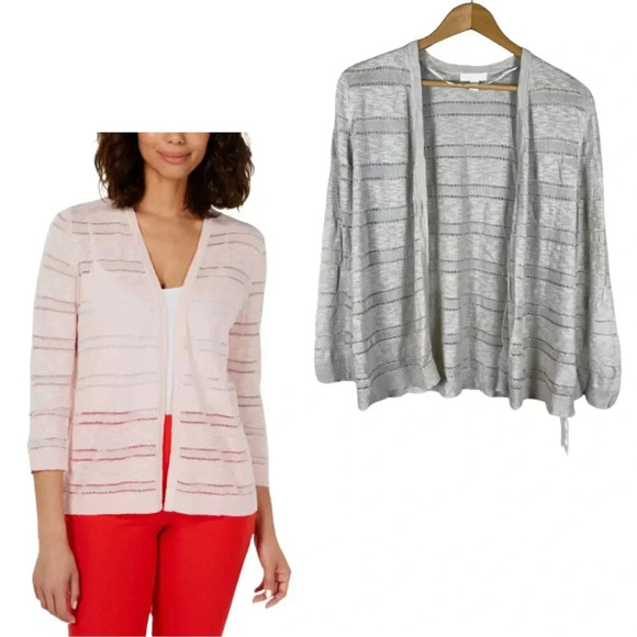 Charter Club Petite Lightweight Pointelle-Stripe Cardigan, Beige NWT P/L - Picture 1 of 6